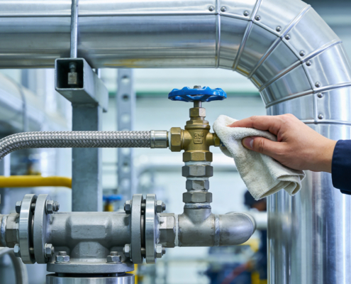 Industrial Worker Cleaning Valve And Pipes In A Factory Setting With A Cloth